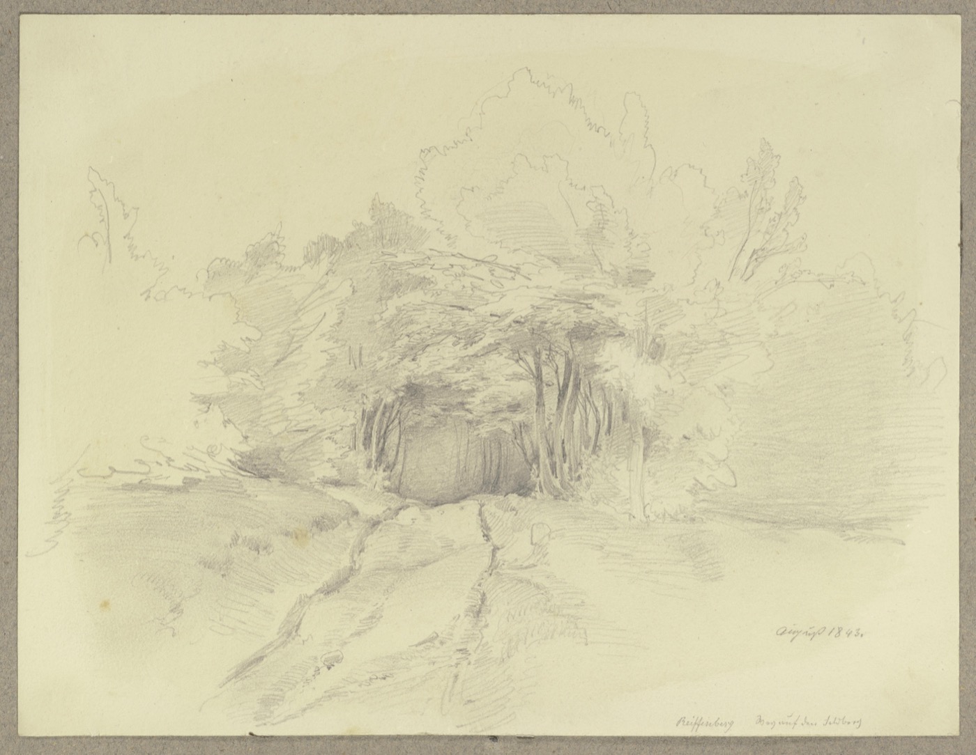 A vintage engraving of a wooded path opening through trees.